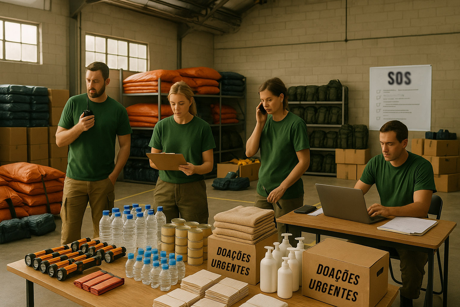 Atividades de apoio logístico, emocional e educativo promovidas pelo projeto SOS da Associação Verde Esperança em situações de emergência.