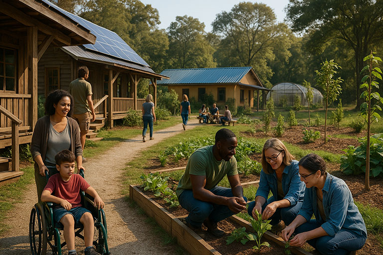 Exemplo das soluções sustentáveis aplicadas no projeto Vila Quatro Cantos da Associação Verde Esperança, como trilhas acessíveis, saneamento ecológico e espaços educativos regenerativos.