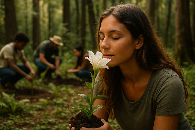 Exemplo das atividades do projeto Vive da Associação Verde Esperança, como oficinas sensoriais, trilhas meditativas, retiros ecológicos e espiritualidade integrada.